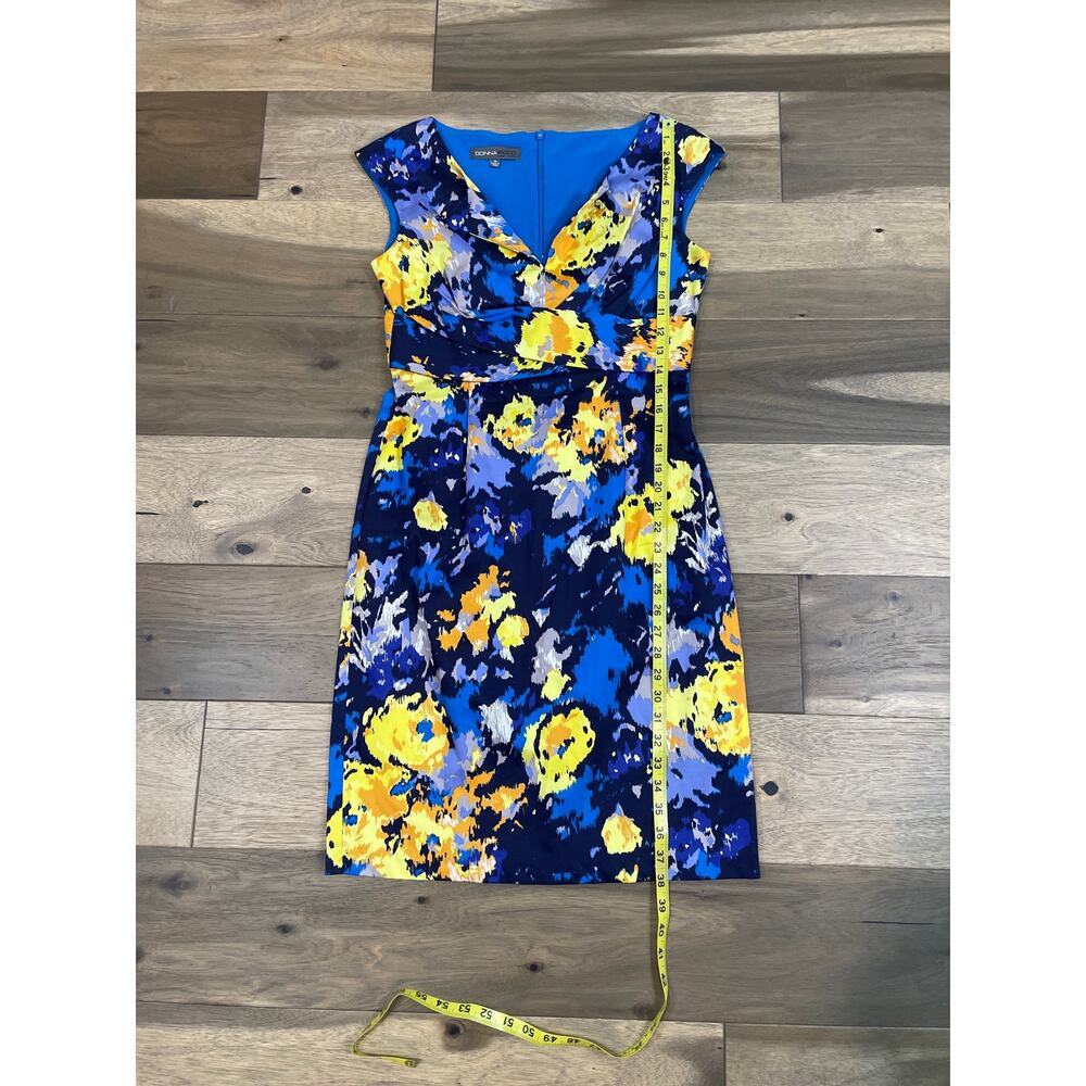 Donna Ricco Dress Blue Yellow Abstract Floral Sheath Cap Sleeve Size 10 - Picture 6 of 7